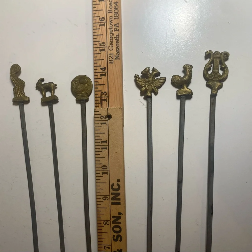 Set Of 6 Vintage Turkish Brass & Stainless Kebab Skewers Ornate Handles 14.5”